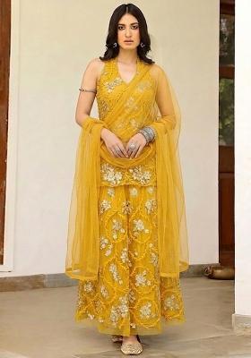 Yellow Embroidered Net Sharara Set