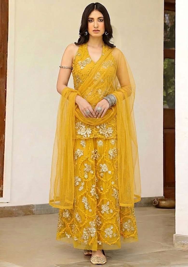Yellow Embroidered Net Sharara Set - Indya