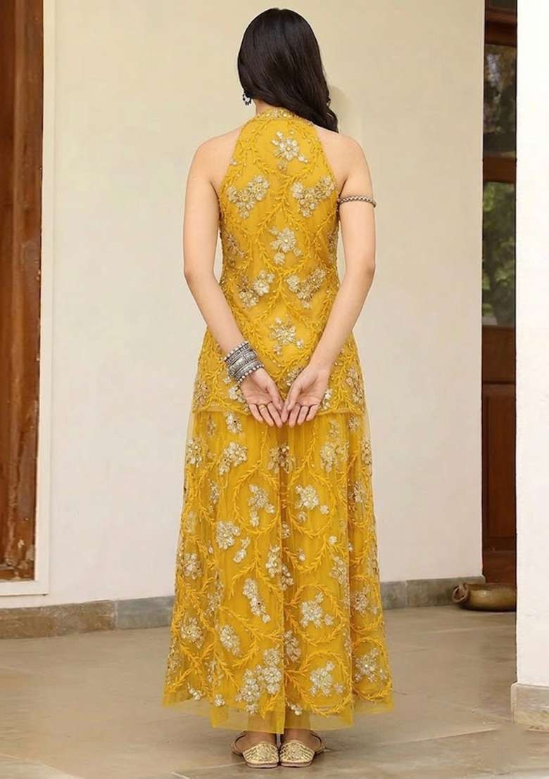 Yellow Embroidered Net Sharara Set - Indya