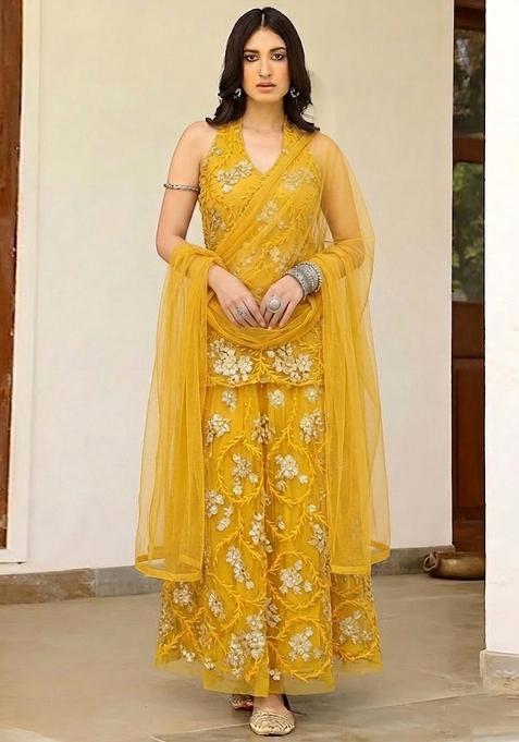 Yellow Embroidered Net Sharara Set
