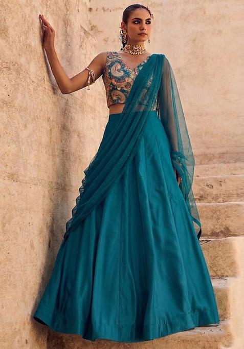 Teal Blue Printed Brocade Lehenga Set