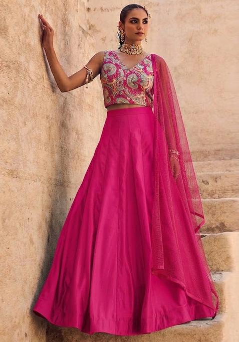 Magenta Pink Printed Brocade Lehenga Set