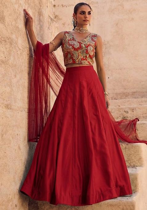 Crimson Red Printed Brocade Lehenga Set