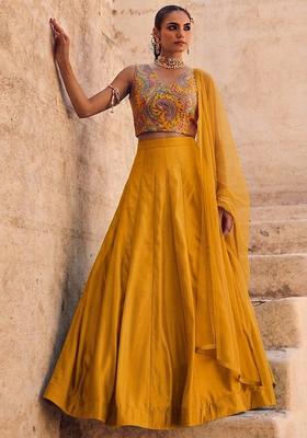 Mustard Yellow Printed Brocade Lehenga Set
