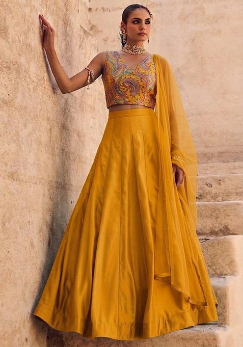 Mustard Yellow Printed Brocade Lehenga Set
