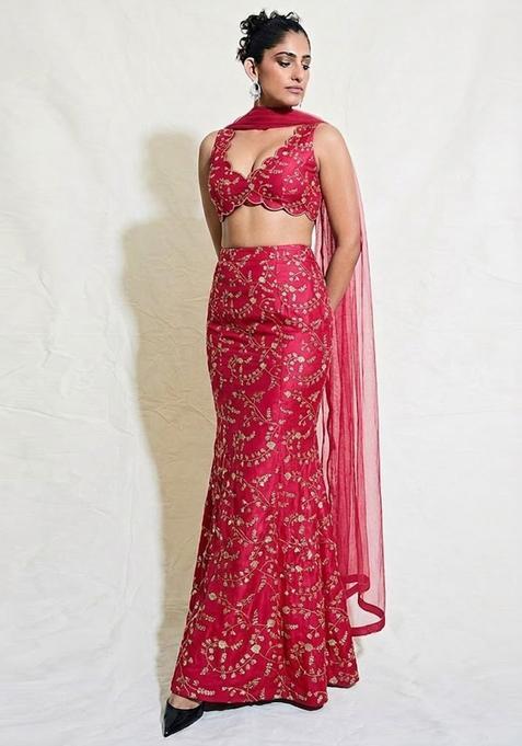 Magenta Embroidered Crepe Lehenga Set