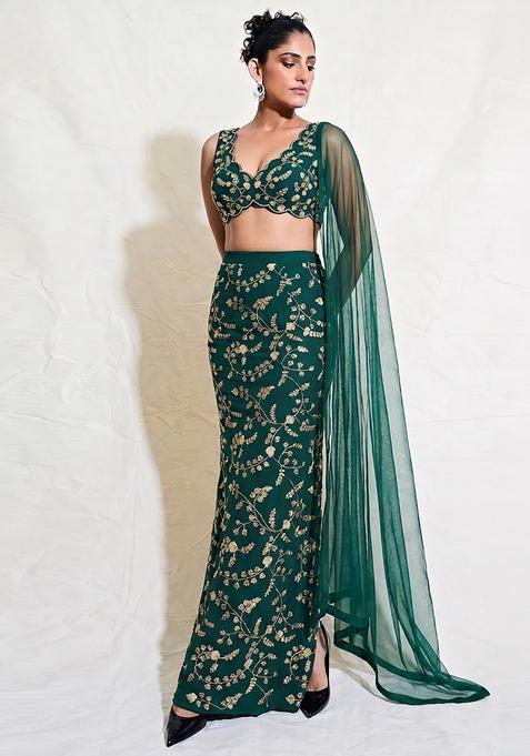Bottle Green Embroidered Crepe Lehenga Set