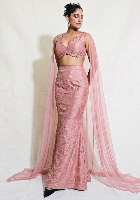 Dusty Rose Embroidered Crepe Lehenga Set