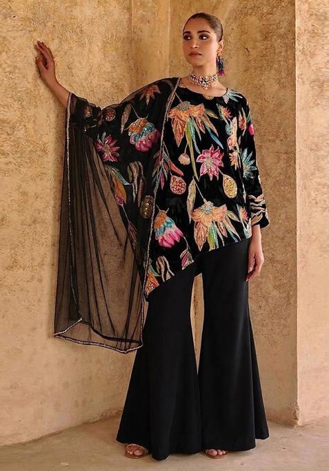 Black Printed Crepe Kurta Set
