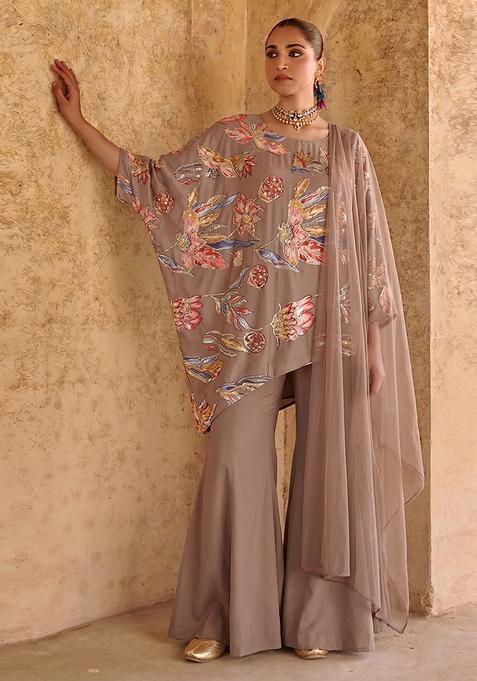 Taupe Printed Crepe Kurta Set
