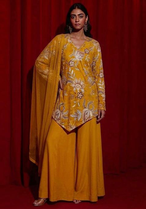Mustard Yellow Printed Organza Sharara Set