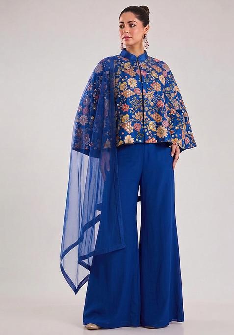 Royal Blue Printed Crepe Fusion Set