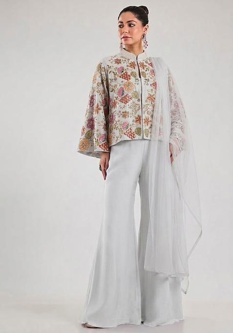 Grey Printed Crepe Fusion Set