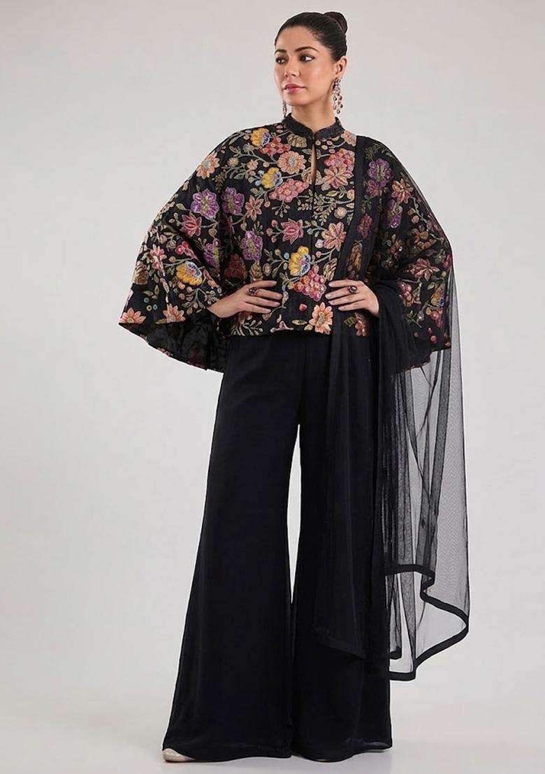 Black Printed Crepe Fusion Set - Indya