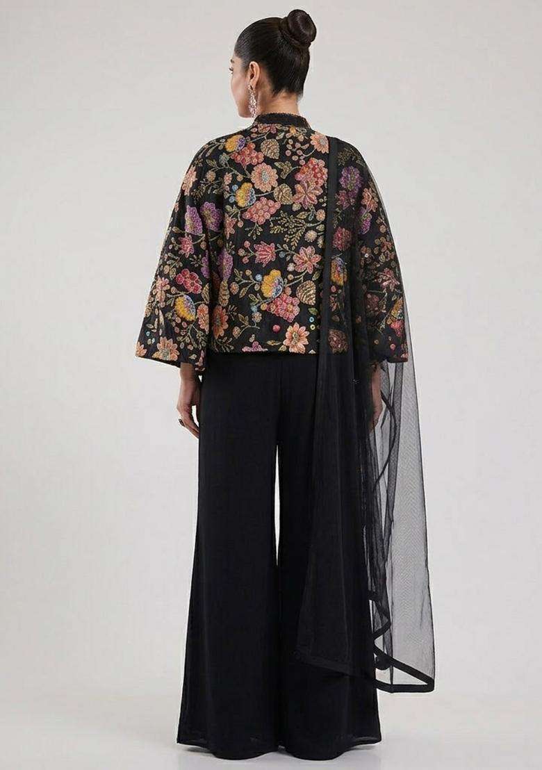 Black Printed Crepe Fusion Set - Indya