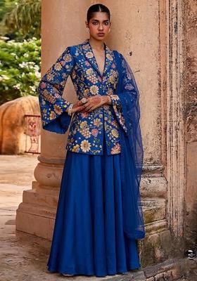 Royal Blue Printed Crepe Fusion Set