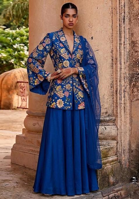 Royal Blue Printed Crepe Fusion Set