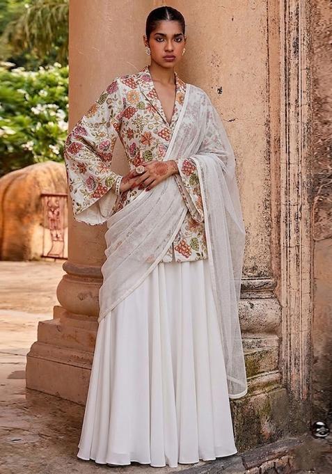 White Printed Crepe Fusion Set