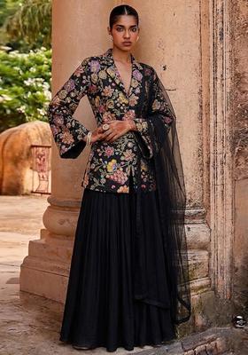 Black Printed Crepe Fusion Set
