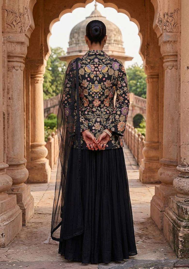 Black Printed Crepe Fusion Set - Indya