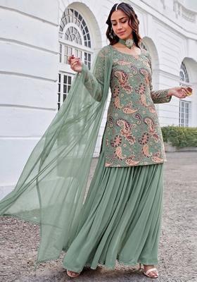 Sage Green Printed Crepe Sharara Set