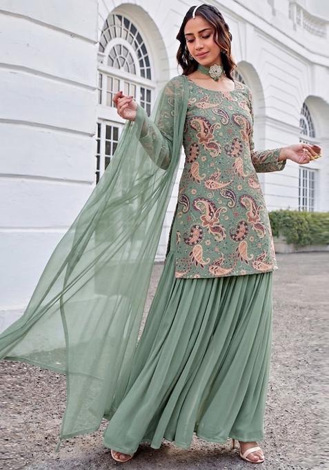 Sage Green Printed Crepe Sharara Set