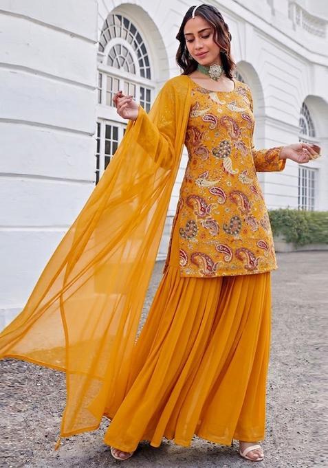 Yellow Printed Crepe Sharara Set