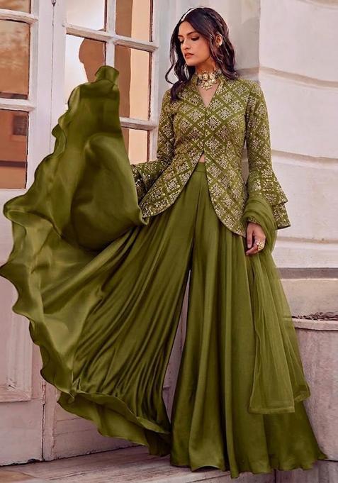 Olive Green Embroidered Crepe Fusion Set