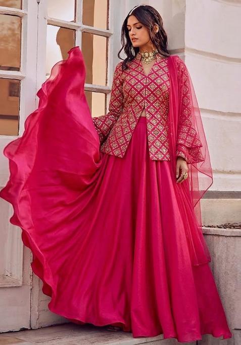Rani Pink Embroidered Crepe Fusion Set