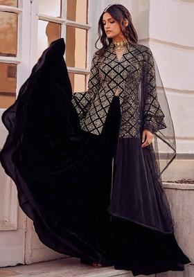Jet Black Embroidered Crepe Fusion Set