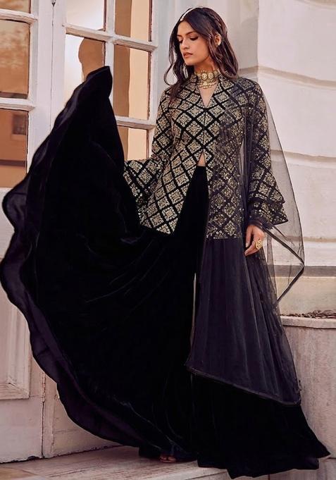 Jet Black Embroidered Crepe Fusion Set