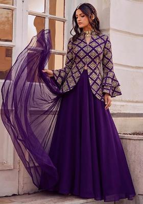 Royal Purple Embroidered Crepe Fusion Set