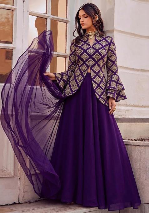 Royal Purple Embroidered Crepe Fusion Set