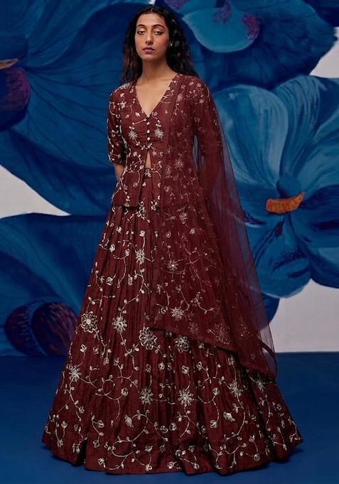 Maroon Red Embroidered Silk Lehenga Set