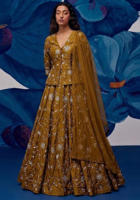 Mustard Yellow Embroidered Silk Lehenga Set