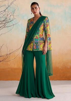 Emerald Green Printed Crepe Fusion Set