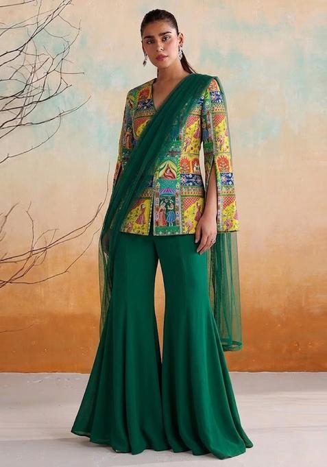 Emerald Green Printed Crepe Fusion Set