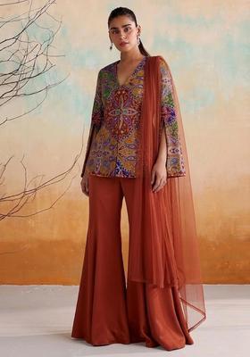 Burnt Orange Embroidered Crepe Fusion Set
