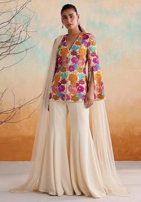 Off-White Embroidered Crepe Fusion Set