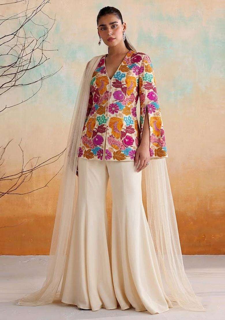 Off-White Embroidered Crepe Fusion Set - Indya