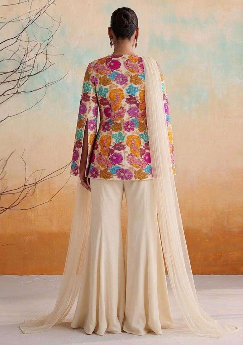 Off-White Embroidered Crepe Fusion Set - Indya
