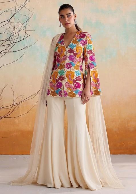 Off-White Embroidered Crepe Fusion Set