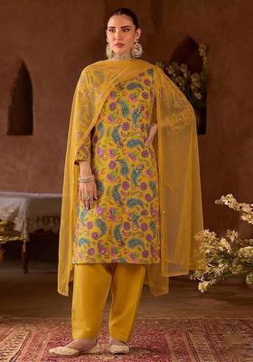 Mustard Yellow Printed Crepe Kurta Set