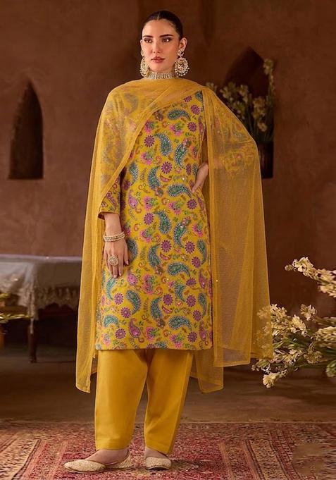 Mustard Yellow Printed Crepe Kurta Set