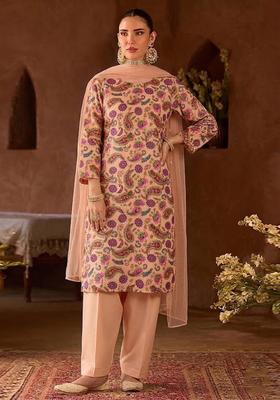 Peach Printed Crepe Kurta Set