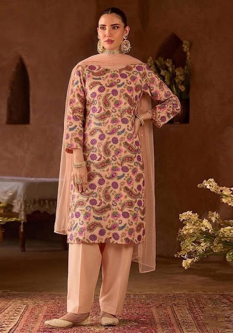 Peach Printed Crepe Kurta Set