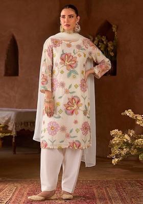 White Embroidered Chinon Kurta Set