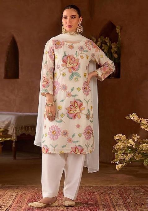 White Embroidered Chinon Kurta Set