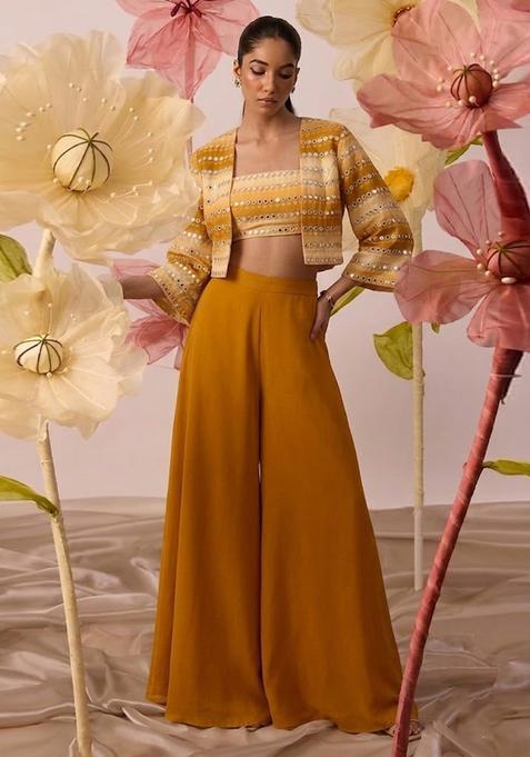 Mustard Yellow Printed Organza Fusion Set