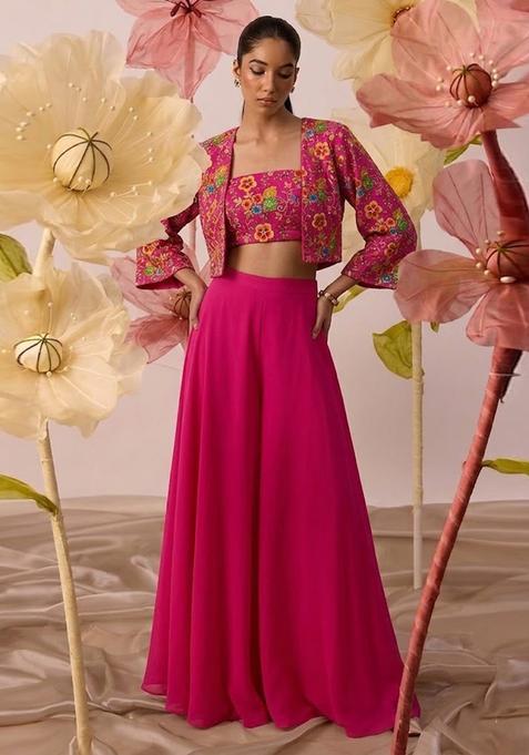 Rani Pink Embroidered Crepe Fusion Set